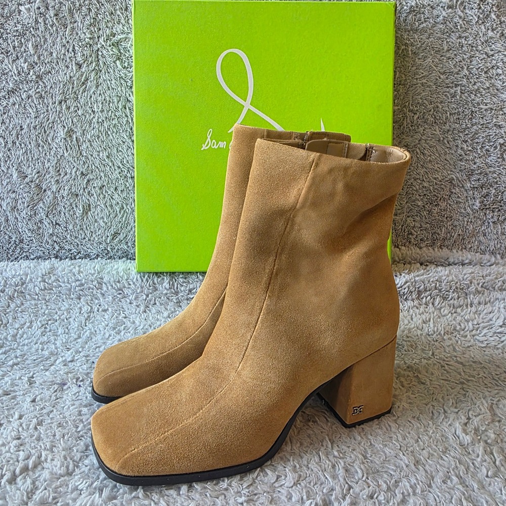 Sam Edelman Womens High Ankle Boots Tan Suede Leather Square Toe Booties 6.5 NEW - Picture 2 of 7